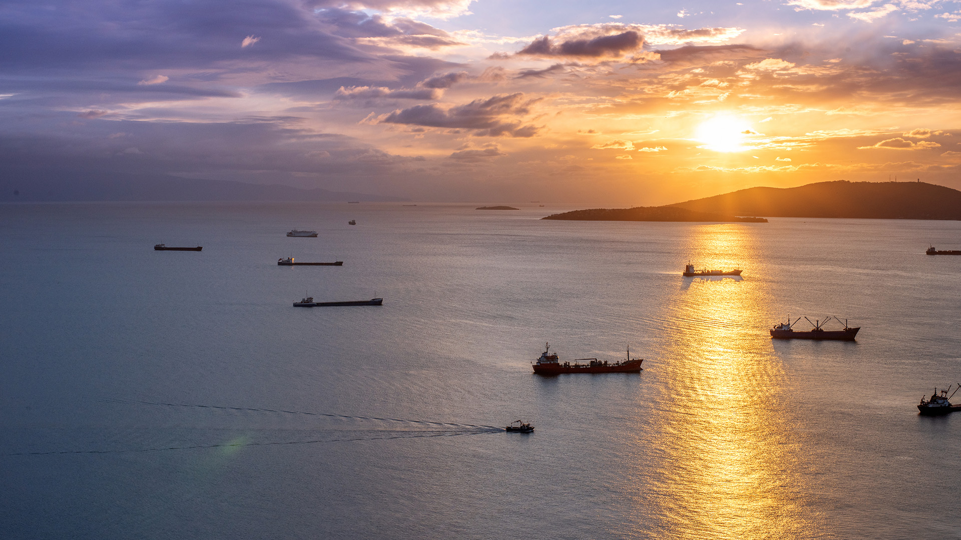 A fleet of ships crossed a bay at sunset.
