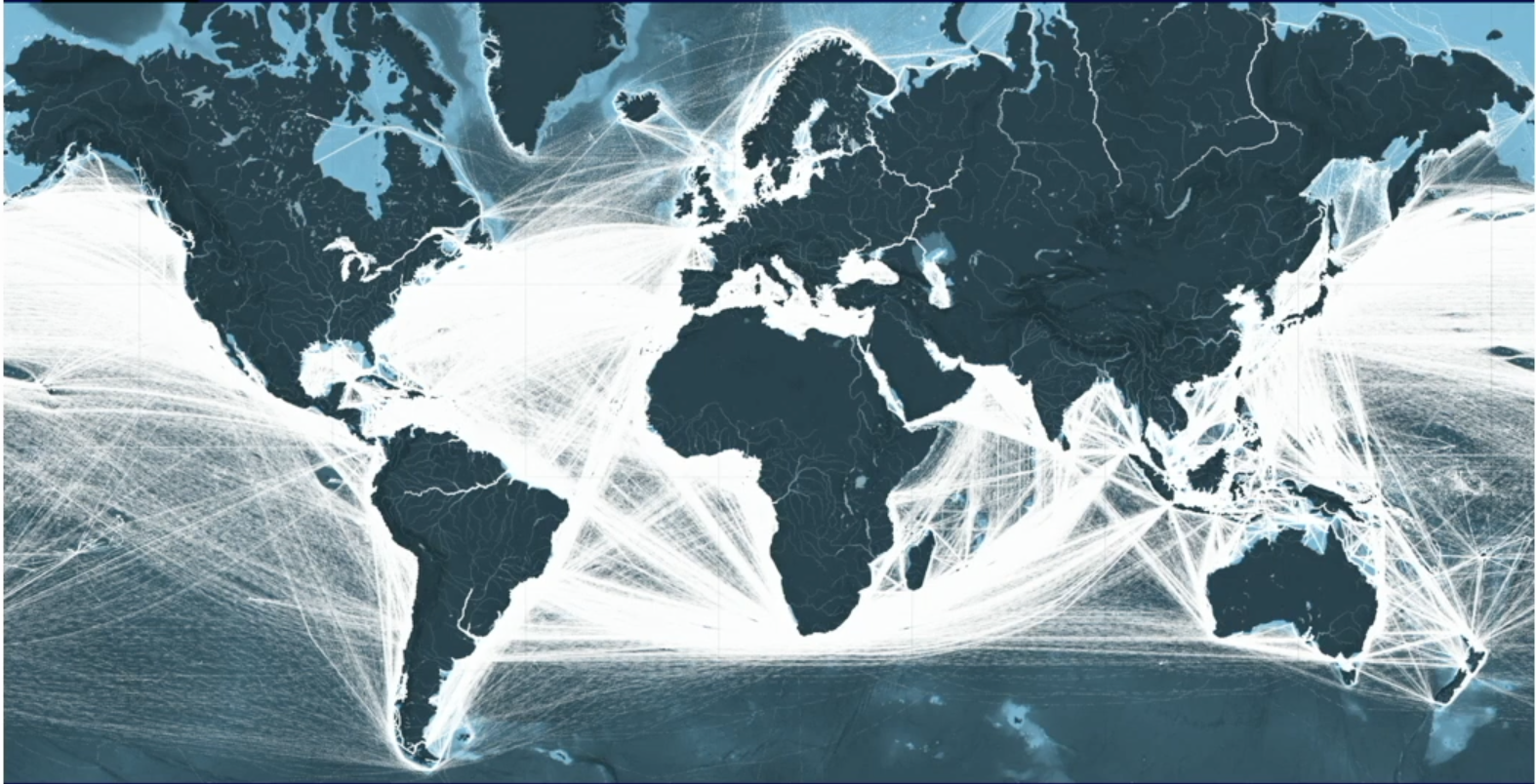 World map with shipping routes illuminated