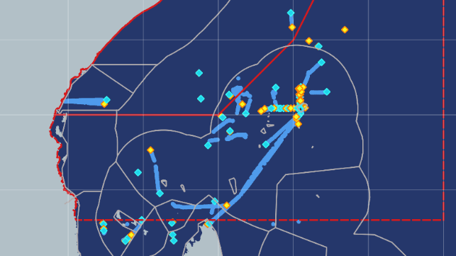 Start points (turquoise) and end points (yellow) for the AIS transmission gaps of one Spanish-owned tuna vessel