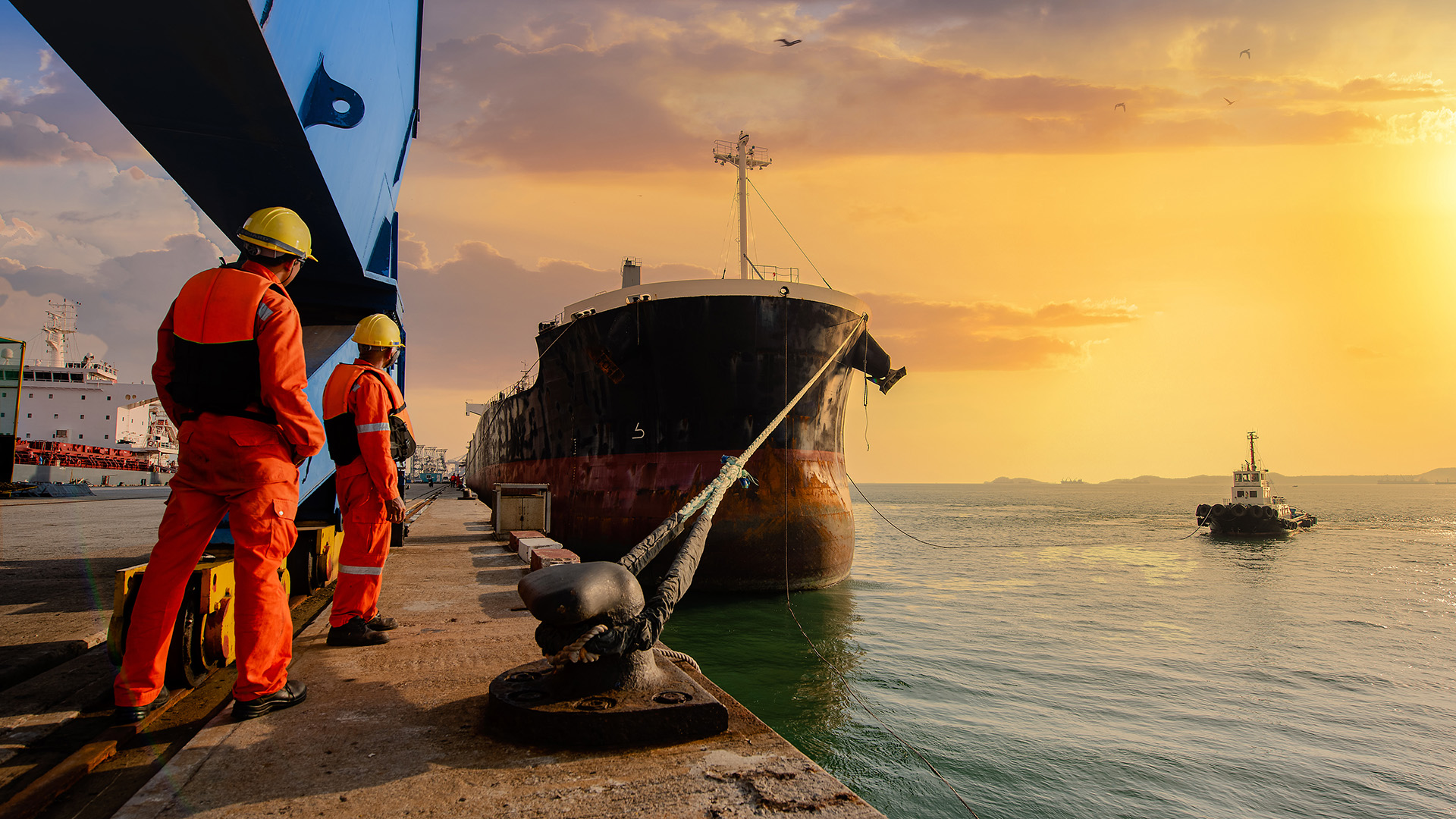 Dock workers look out at a large moored ship