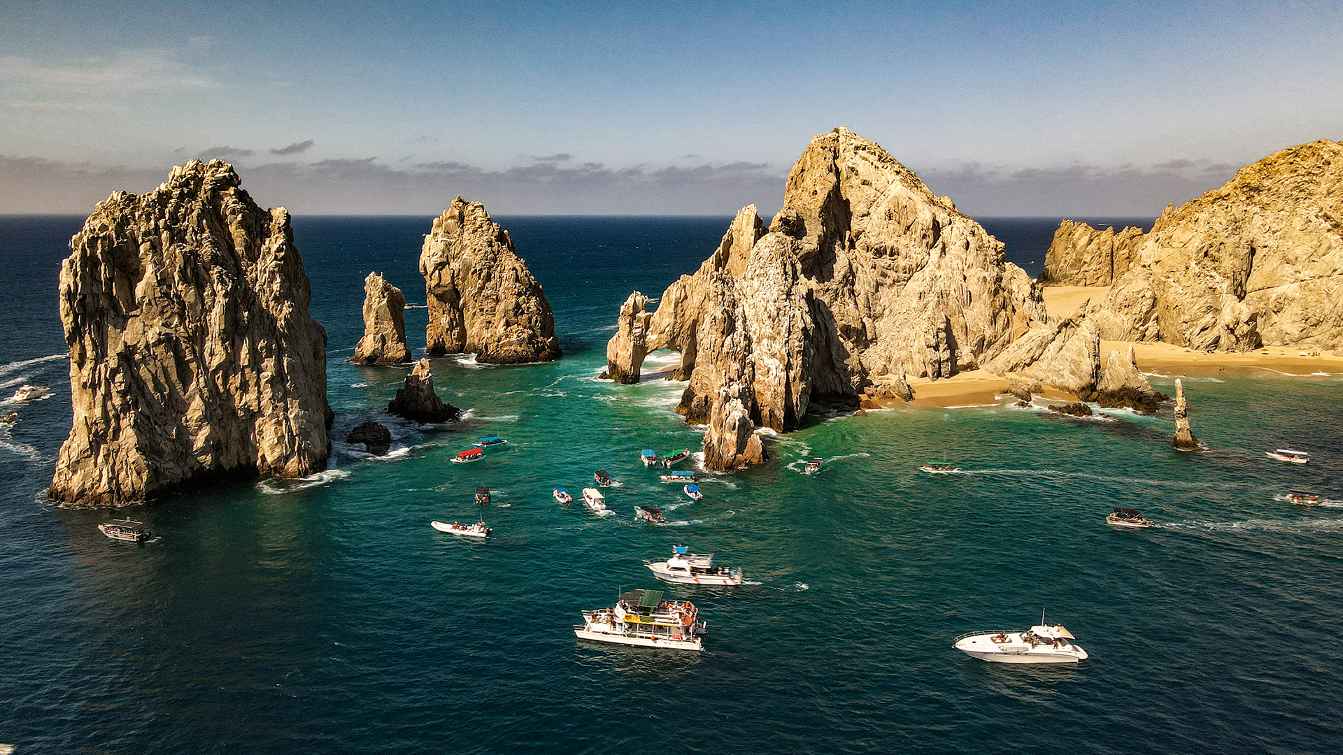 Many boats clog the waters around Los Cabos, Mexico