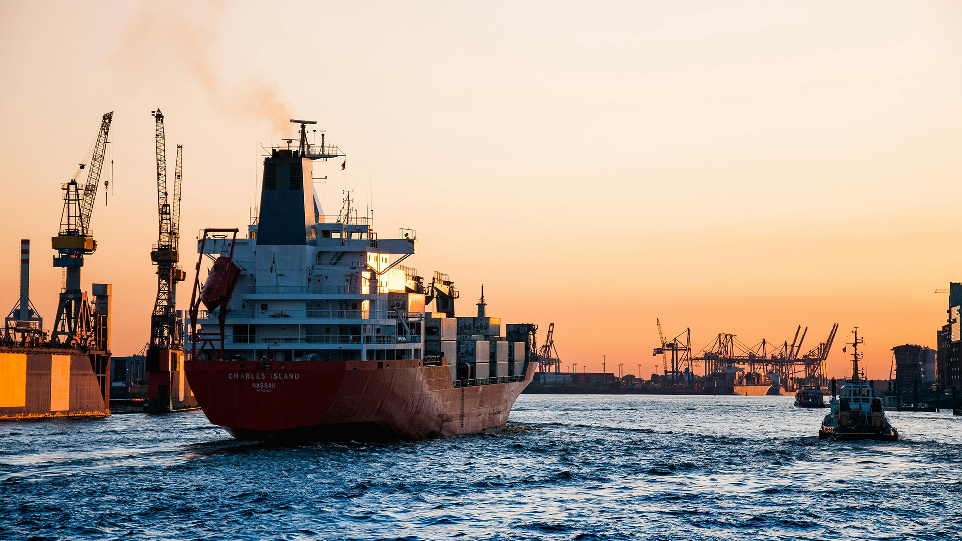 A large ship leaving port