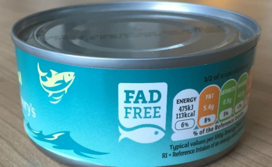 Can of tuna with a FAD free label