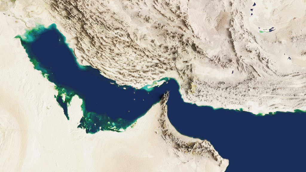 The Strait of Hormuz is an oil transportation route that is currently facing a crisis. 3D rendering of the Strait of Hormuz. Satellite view. Elements of this image furnished by NASA.