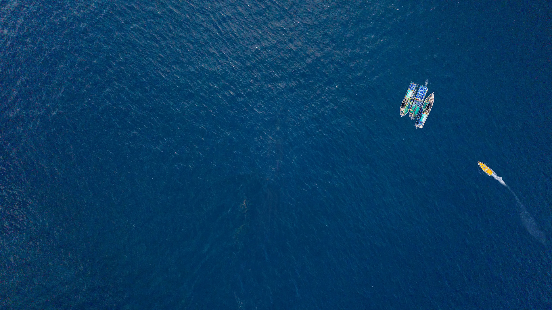 Aerial view of an enforcement patrol boat approaching a raft of three fishing boats doing transshipment on a deep blue open ocean