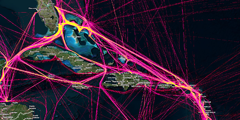 Data heatmap of cruise ship traffic in the Caribbean